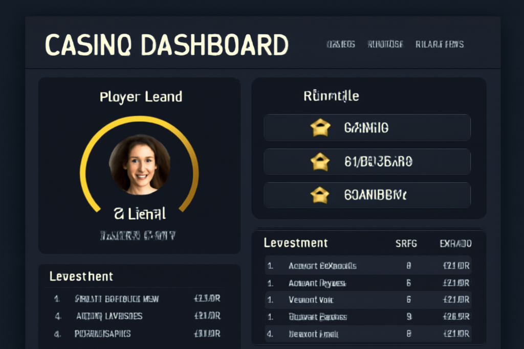 Casino CRM dashboard interface with gamification features like player levels, rewards, and leaderboards, designed with a sleek, professional layout.