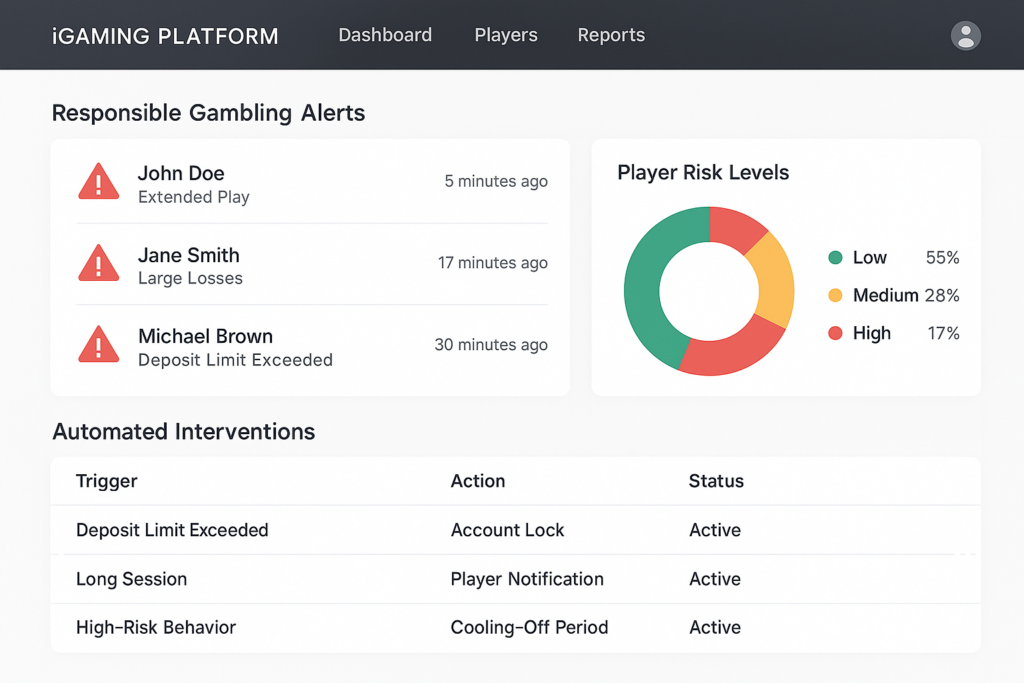 An iGaming platform dashboard highlighting real-time responsible gambling alerts, segmented player risk levels, and automated intervention triggers