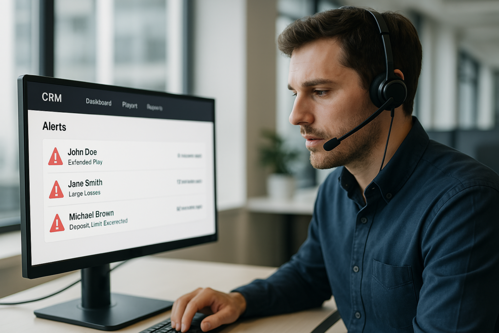 A support team member reviewing CRM-generated alerts while speaking to a flagged player via headset in a bright, professional iGaming office, cinematic, emotionally respectful, sharp focus