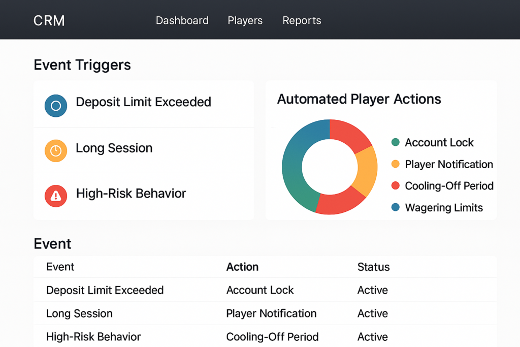 A sleek CRM dashboard displaying real-time event triggers and automated player actions for an iGaming platform, 4K resolution, modern UI design, color-coded segments.
