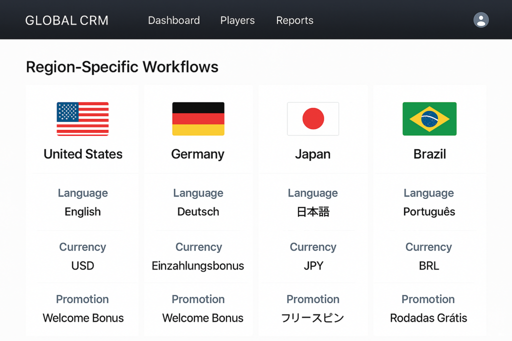 A global CRM dashboard for an iGaming platform showing region-specific workflows: different languages, currencies, and promotion styles. Clean, responsive UI in 4K.
