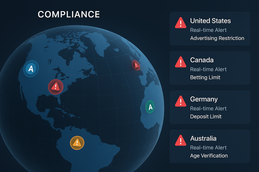 CRM compliance map overlayed on a world globe, showing real-time alerts for region-specific gambling rules. High-tech, 4K visualization, professional UI
