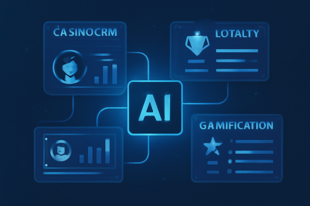 AI-powered casino CRM software analyzing player data for loyalty and gamification, with digital interface displaying interconnected data windows.