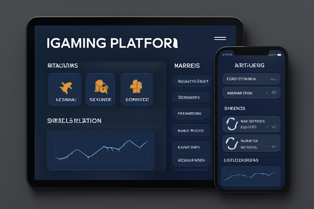 iGaming platform interface displaying gamification rewards, missions, and player analytics on a tablet and smartphone with a sleek, modern design.