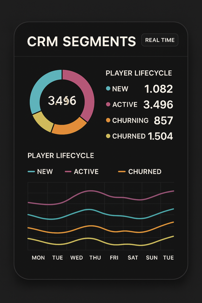 An animated dashboard showing dynamic CRM segments updating in real time based on player behavior, with player lifecycle stages visualized. Sleek, modern iGaming UI.