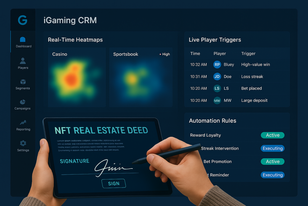  iGaming CRM dashboard with real-time heatmaps, showing live player triggers and automation rules being executed
